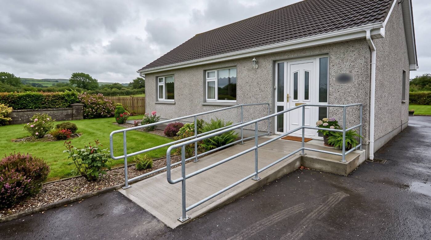 A concrete access ramp with steel handrails to the front door of an Irish bungalow